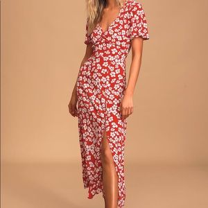 MinkPink Between You and I Red Floral Print Short Sleeve Midi Dress